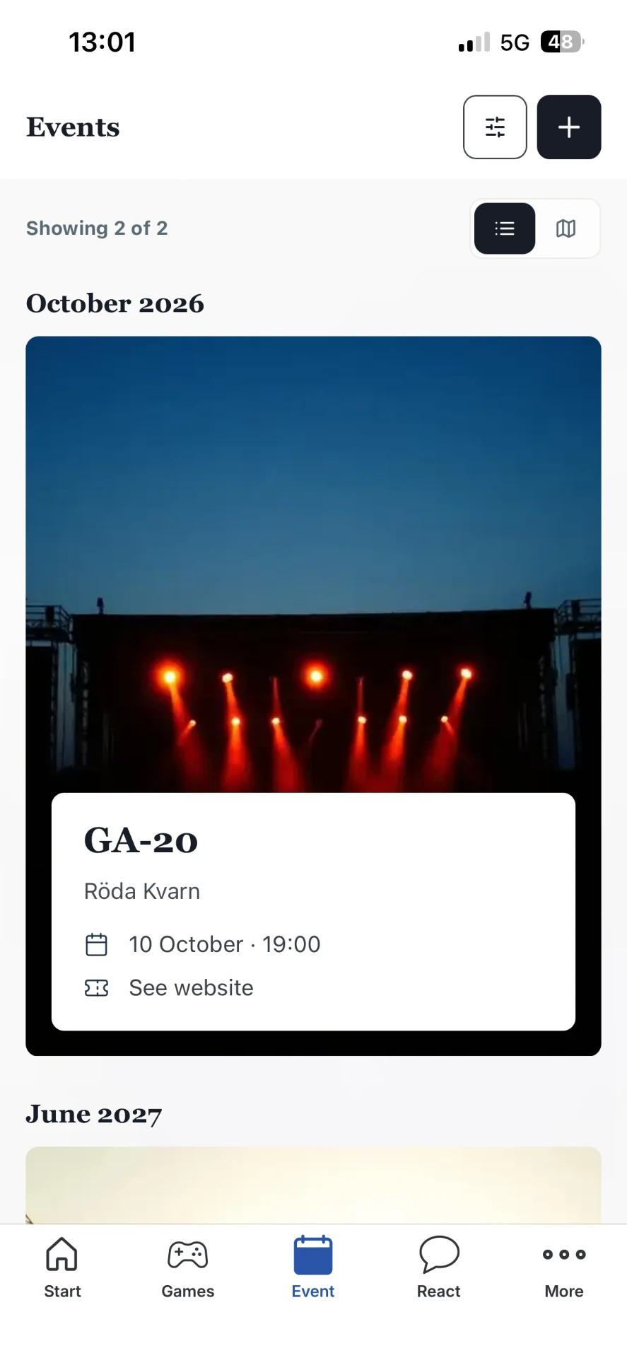 The events calendar in the reader view
