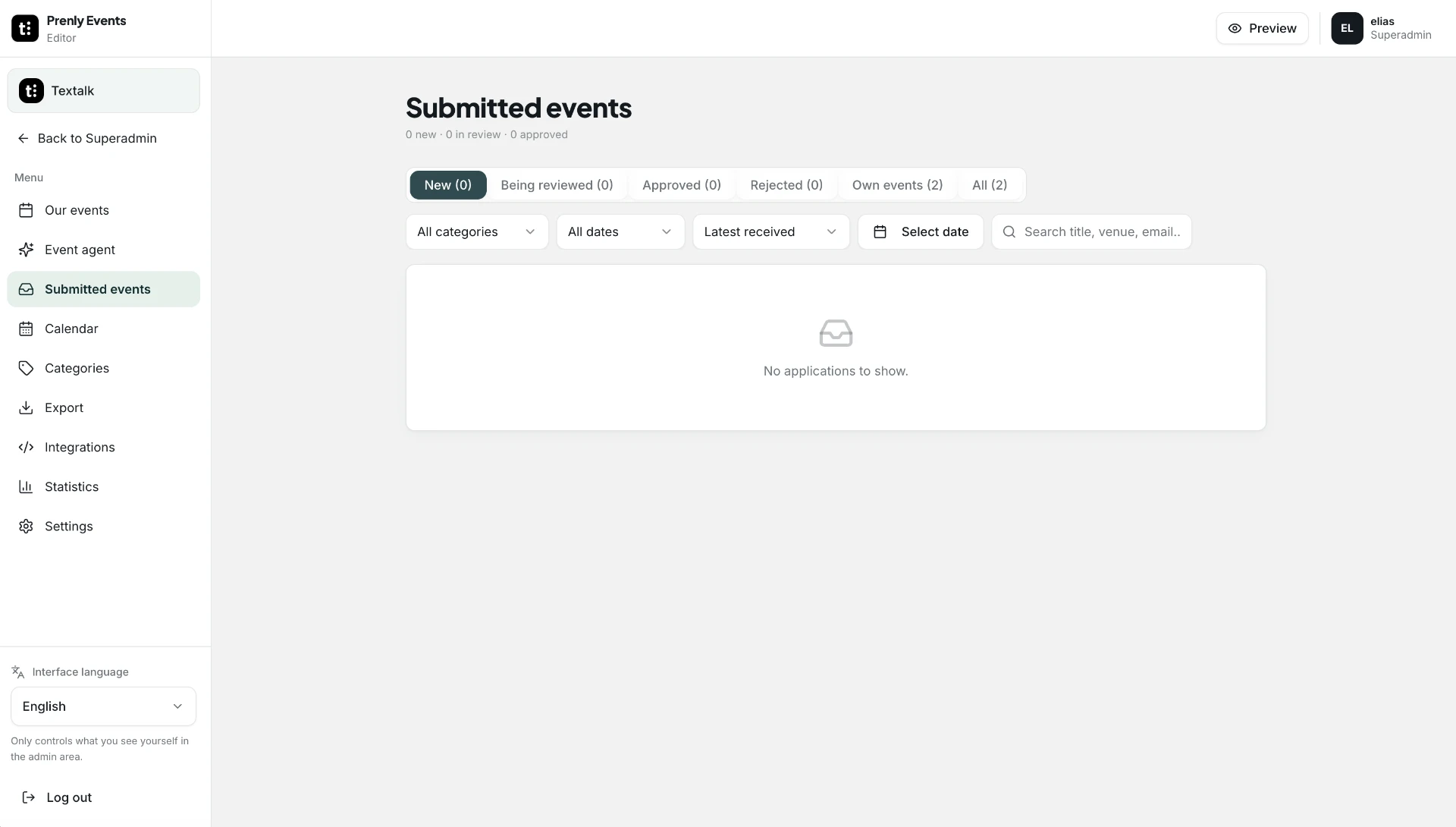 Submitted events in the editorial portal