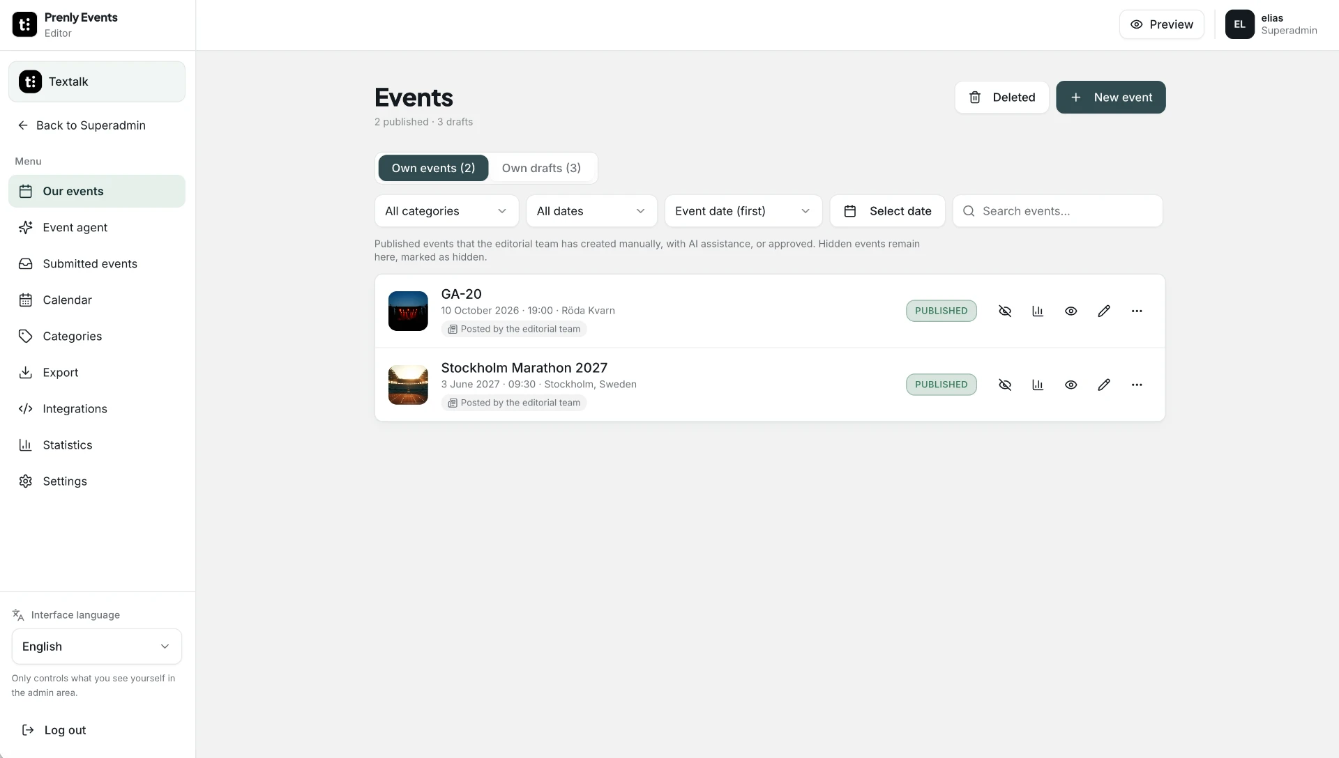 Prenly Events editorial portal