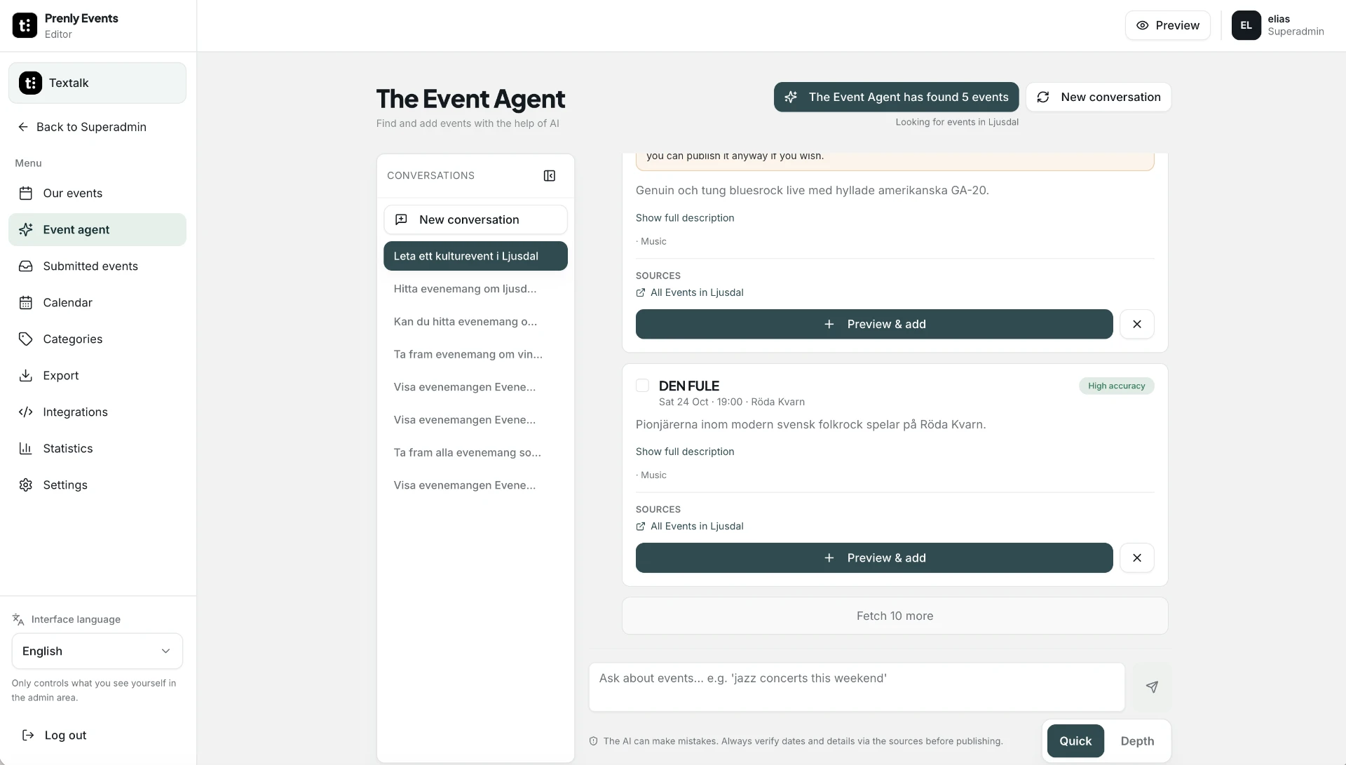 The event agent in the editorial portal